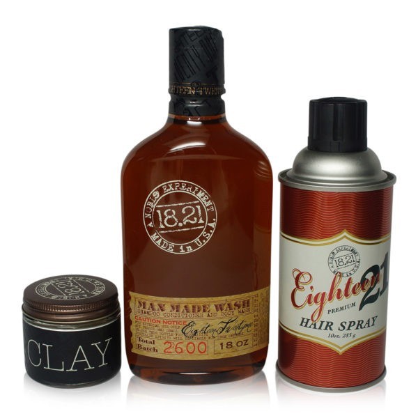 18.21 Man Made Trio Wash 18 oz. Clay 2 oz. Hair Spray 10oz.