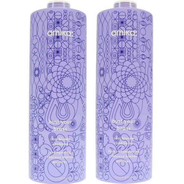 Amika Bust Your Brass Cool Blonde Shampoo 33.8 oz & Conditioner 33.8 oz Combo Pack