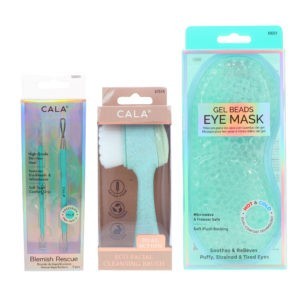 CALA Dual Action Facial Cleansing Brush Sage, Spa Solutions Gel Beads Eye Mask Aqua & Mint Blemish Rescue Soft Touch Kit 2 pc Combo Pack