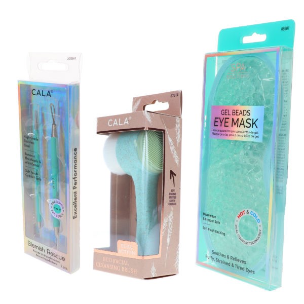 CALA Dual Action Facial Cleansing Brush Sage, Spa Solutions Gel Beads Eye Mask Aqua & Mint Blemish Rescue Soft Touch Kit 2 pc Combo Pack