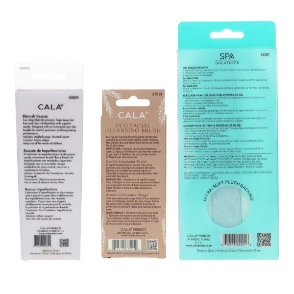 CALA Dual Action Facial Cleansing Brush Sage, Spa Solutions Gel Beads Eye Mask Aqua & Mint Blemish Rescue Soft Touch Kit 2 pc Combo Pack
