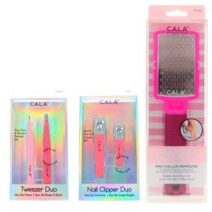 CALA Nail Clipper Duo Coral, Tweezer Duo Coral & Silky Glide Pro Callus Remover Hot Pink Combo Pack