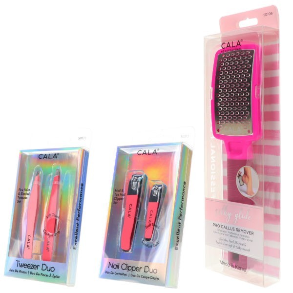 CALA Nail Clipper Duo Coral, Tweezer Duo Coral & Silky Glide Pro Callus Remover Hot Pink Combo Pack