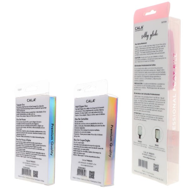 CALA Nail Clipper Duo Coral, Tweezer Duo Coral & Silky Glide Pro Callus Remover Hot Pink Combo Pack