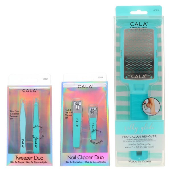 CALA Nail Clipper Duo Mint, Tweezer Duo Mint & Silky Glide Pro Callus Remover Aqua Combo Pack