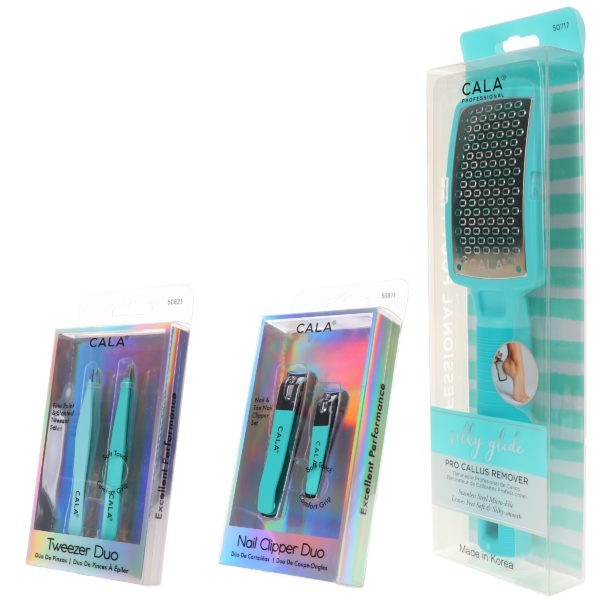 CALA Nail Clipper Duo Mint, Tweezer Duo Mint & Silky Glide Pro Callus Remover Aqua Combo Pack