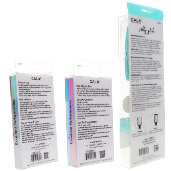 CALA Nail Clipper Duo Mint, Tweezer Duo Mint & Silky Glide Pro Callus Remover Aqua Combo Pack