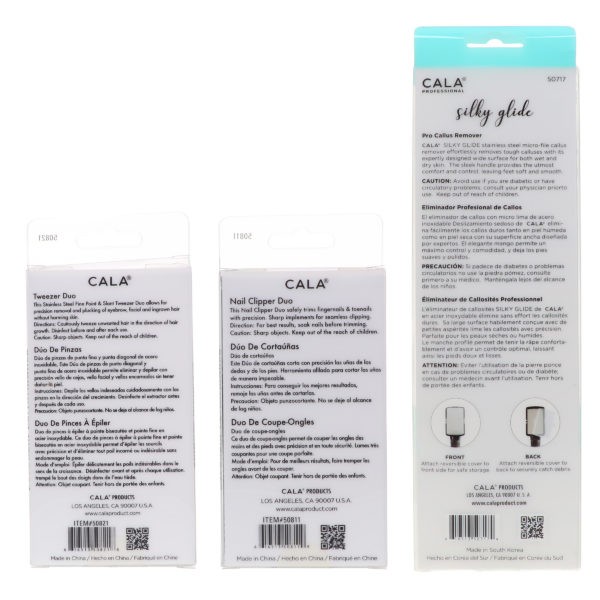 CALA Nail Clipper Duo Mint, Tweezer Duo Mint & Silky Glide Pro Callus Remover Aqua Combo Pack