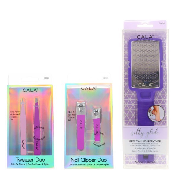 CALA Nail Clipper Duo Orchid, Tweezer Duo Orchid & Silky Glide Pro Callus Remover Purple Combo Pack