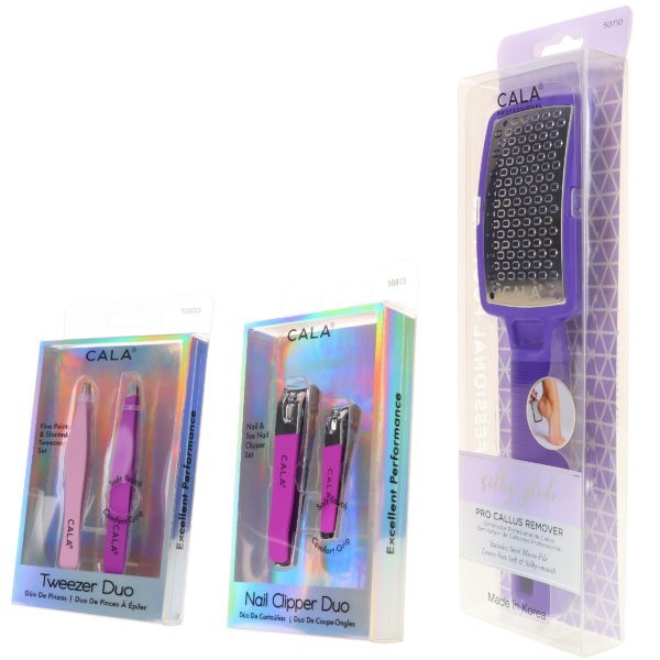 CALA Nail Clipper Duo Orchid, Tweezer Duo Orchid & Silky Glide Pro Callus Remover Purple Combo Pack