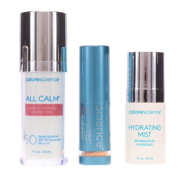 Colorescience All Calm Redness Corrective Kit Clinical Corrector Hydrating Setting 1 oz Mist and Mineral Sunscreen Brush
