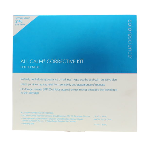 Colorescience All Calm Redness Corrective Kit Clinical Corrector Hydrating Setting 1 oz Mist and Mineral Sunscreen Brush