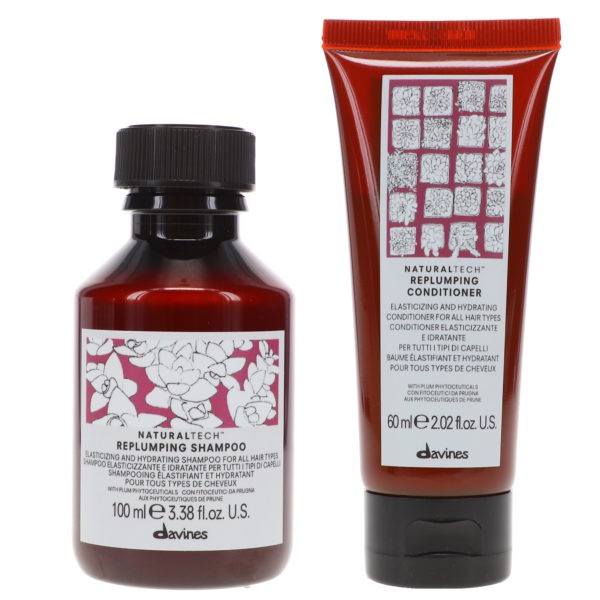 Davines NaturalTech Replumping Shampoo 3.38 oz & NaturalTech Replumping Conditioner 2.02  oz Combo Pack