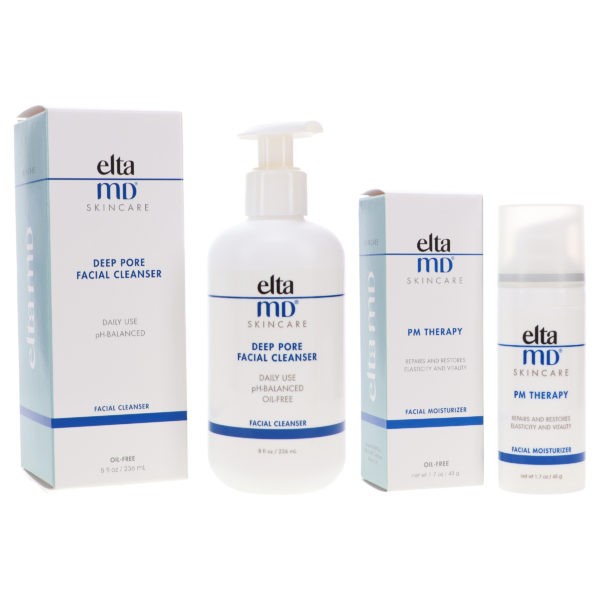 Elta MD Make Up Removal Facial Cleanser 8 oz & PM Therapy Facial Moisturizer Airless Pump 1.7 oz Combo Pack