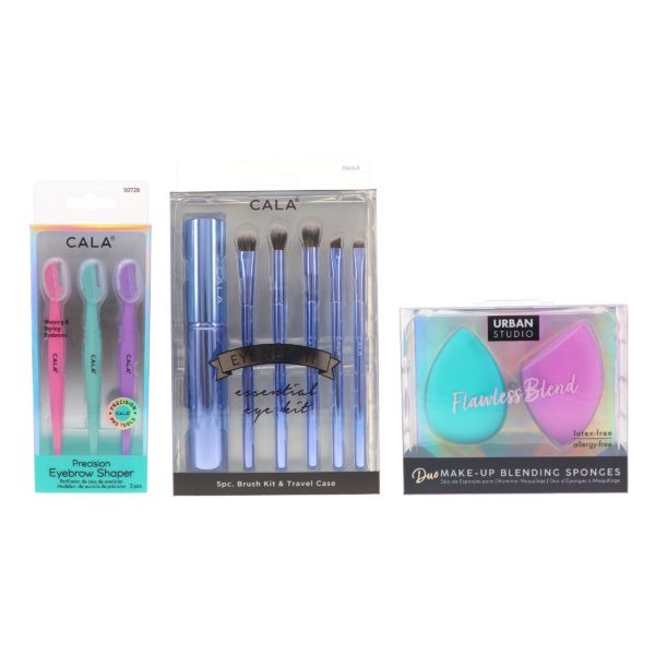 CALA Eye Need It Brush Kit Lavender, Urban Studio Duo Blending Sponges Purple/Teal & Precision Eyebrow Shaper 3 pc Combo Pack