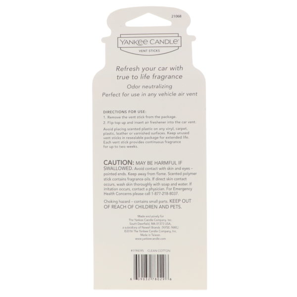 Yankee Candle Vent Sticks Clean Cotton