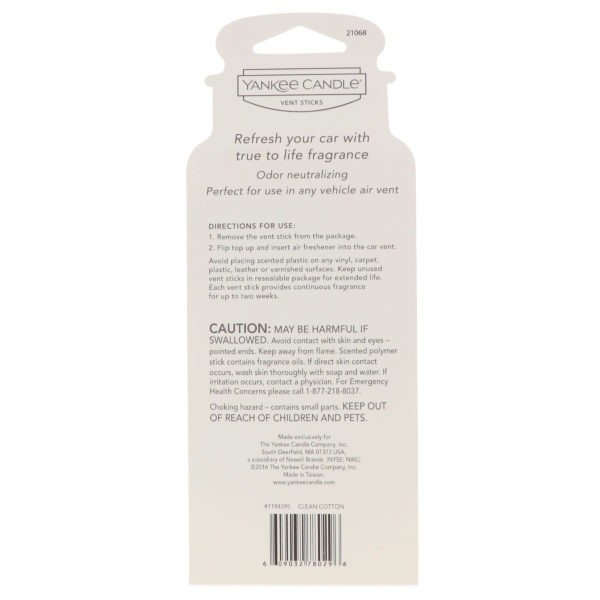 Yankee Candle Vent Sticks Clean Cotton 4 Pack