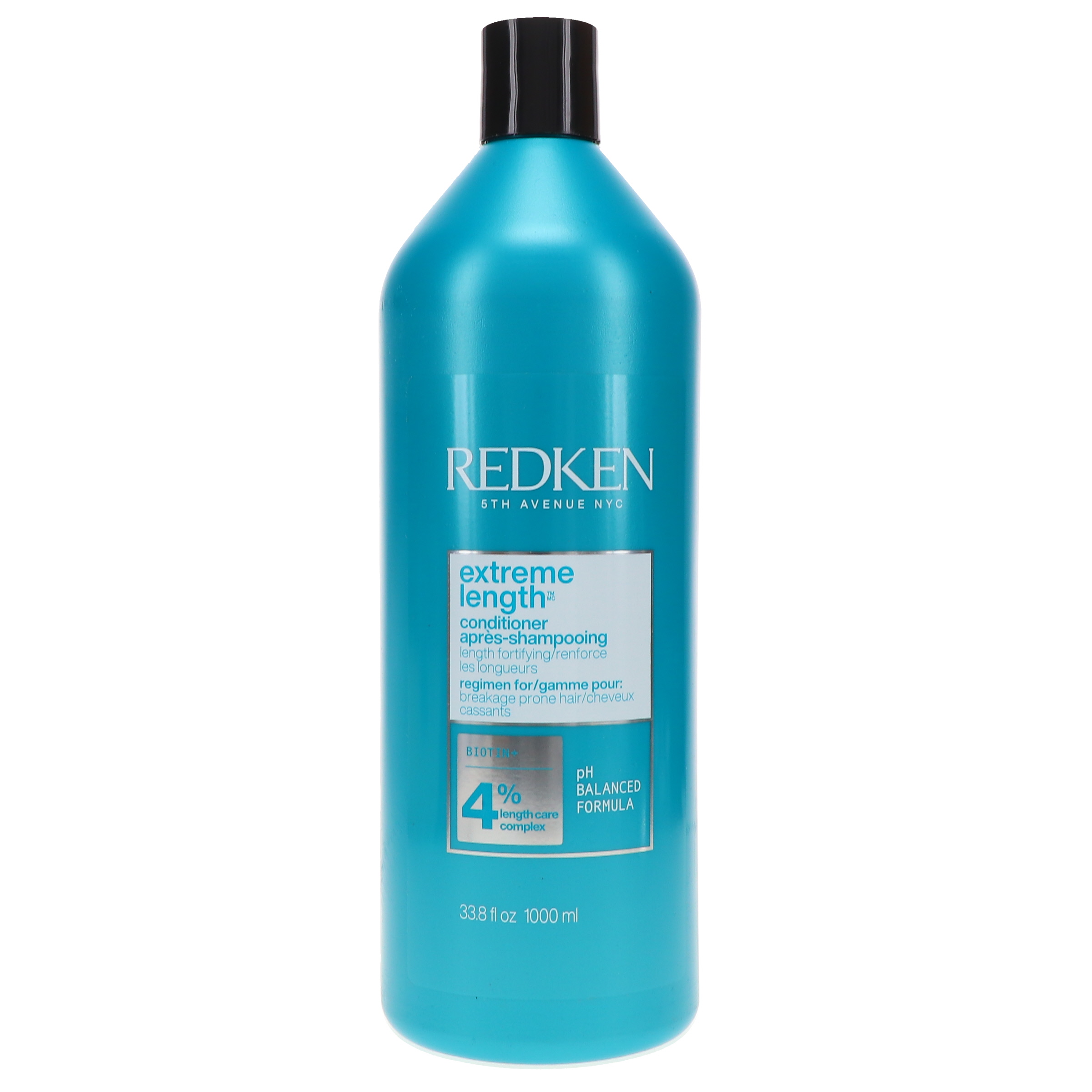 Blue bottle with black cap, Redken Extreme Length Conditioner, 33.8 oz / 1000 ml, pH-balanced for fragile hair.