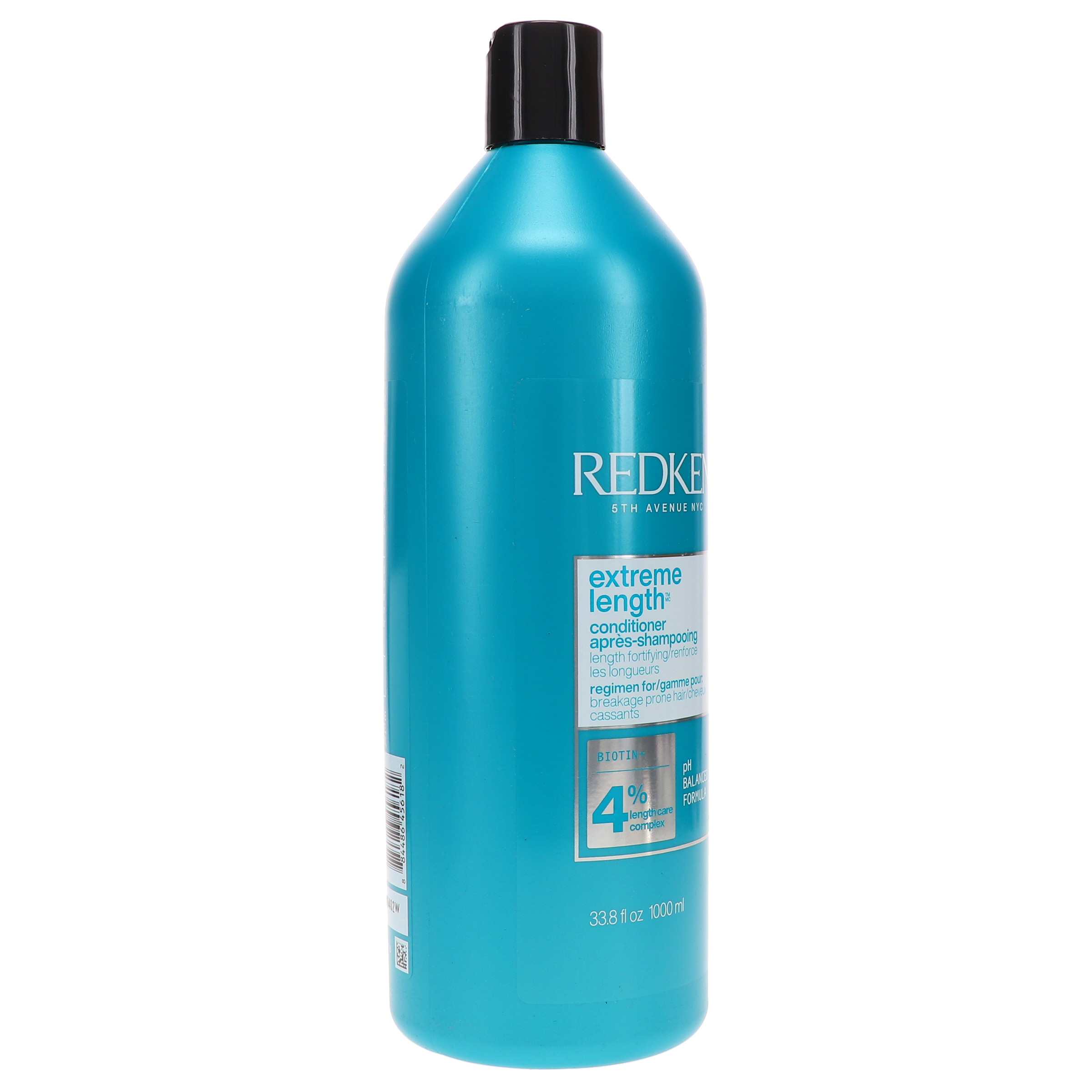 Blue bottle of Redken Extreme Length Conditioner with black cap, 33.8 oz, 1000 ml, against a white background.