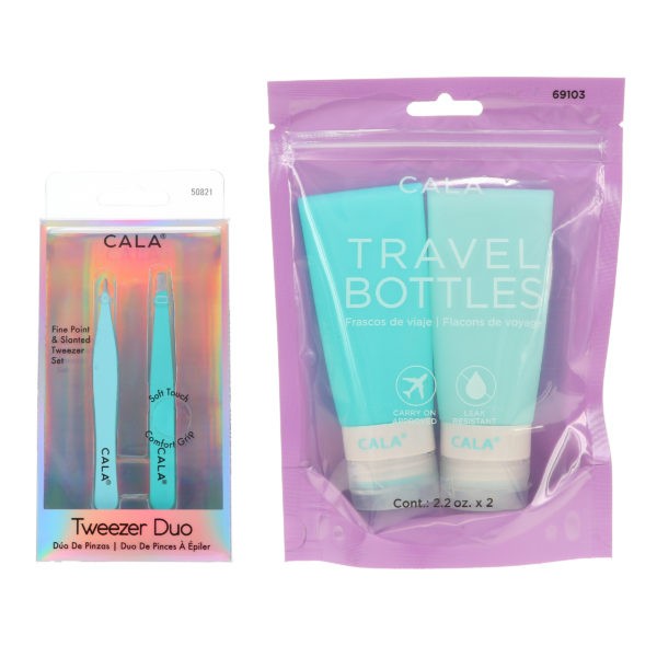 CALA Tweezer Duo Mint & Silicone Travel Bottles Mint Combo Pack