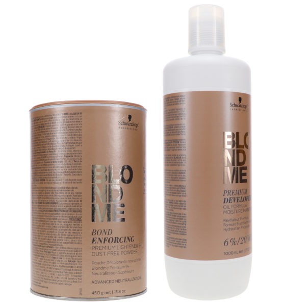 Schwarzkopf BlondMe Bond Enforcing Premium Lightener 9+ Dust Free Powder 15.8 oz & BlondMe 6% Developer 33.8 oz Combo Pack