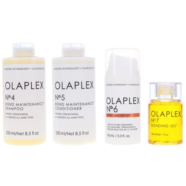 Olaplex No.4 Bond Maintenance Shampoo 8.5 oz, No. 5 Bond Maintenance Conditioner 8.5 oz, No. 6 Bond Smoother Reparative Styling Creme 3.3 oz & No. 7 Bonding Oil 1 oz Combo Pack