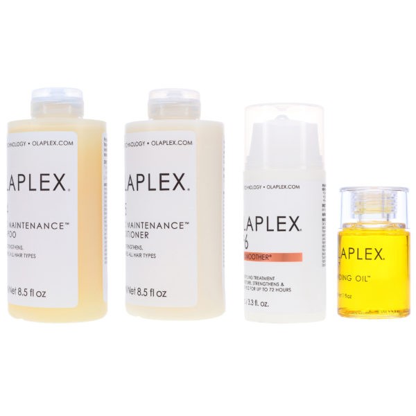 Olaplex No.4 Bond Maintenance Shampoo 8.5 oz, No. 5 Bond Maintenance Conditioner 8.5 oz, No. 6 Bond Smoother Reparative Styling Creme 3.3 oz & No. 7 Bonding Oil 1 oz Combo Pack