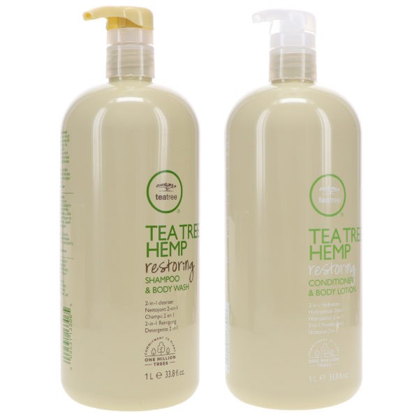 Paul Mitchell Tea Tree Hemp Restoring Shampoo & Body Wash 33.8 oz & Tea Tree Hemp Restoring Conditioner & Body Lotion 33.8 oz Combo Pack