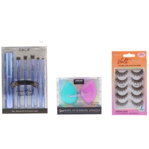 CALA Eye Need It Brush Kit Lavender, Urban Studio Duo Blending Sponges Purple/Teal & Volt Lashes Volume Curl & Full 5 pk Combo Pack