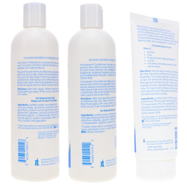 Vanicream/Free & Clear Shampoo 12 oz, Conditioner 12 oz & Styling Gel 7 oz Combo Pack