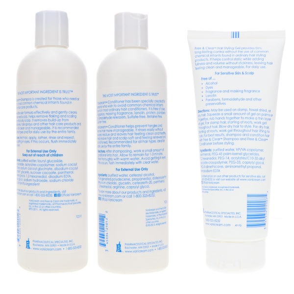 Vanicream/Free & Clear Shampoo 12 oz, Conditioner 12 oz & Styling Gel 7 oz Combo Pack